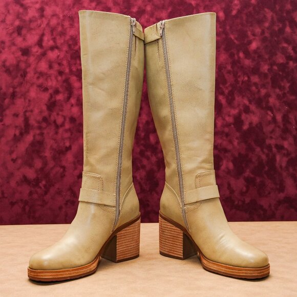 Korks Wmn Karelyn Distress Cream Wide Calf Faux Leather Block Heel Boots 6.5 - Picture 3 of 8